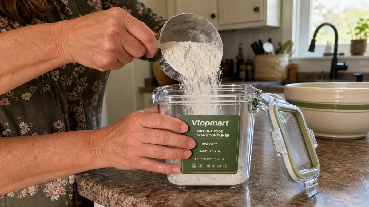 Hand pouring flour from a paper bag into an open Vtopmart airtight container on a kitchen counter