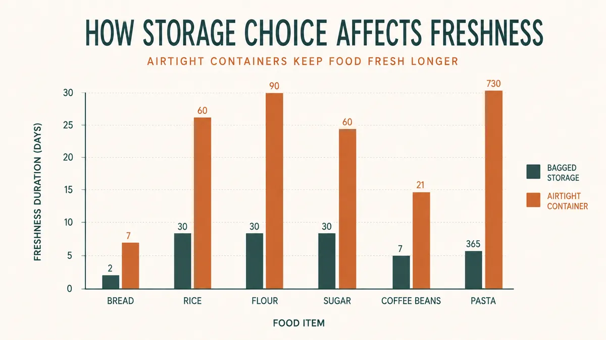 Bar chart comparing how many days common pantry staples stay fresh in a bag versus an airtight container
