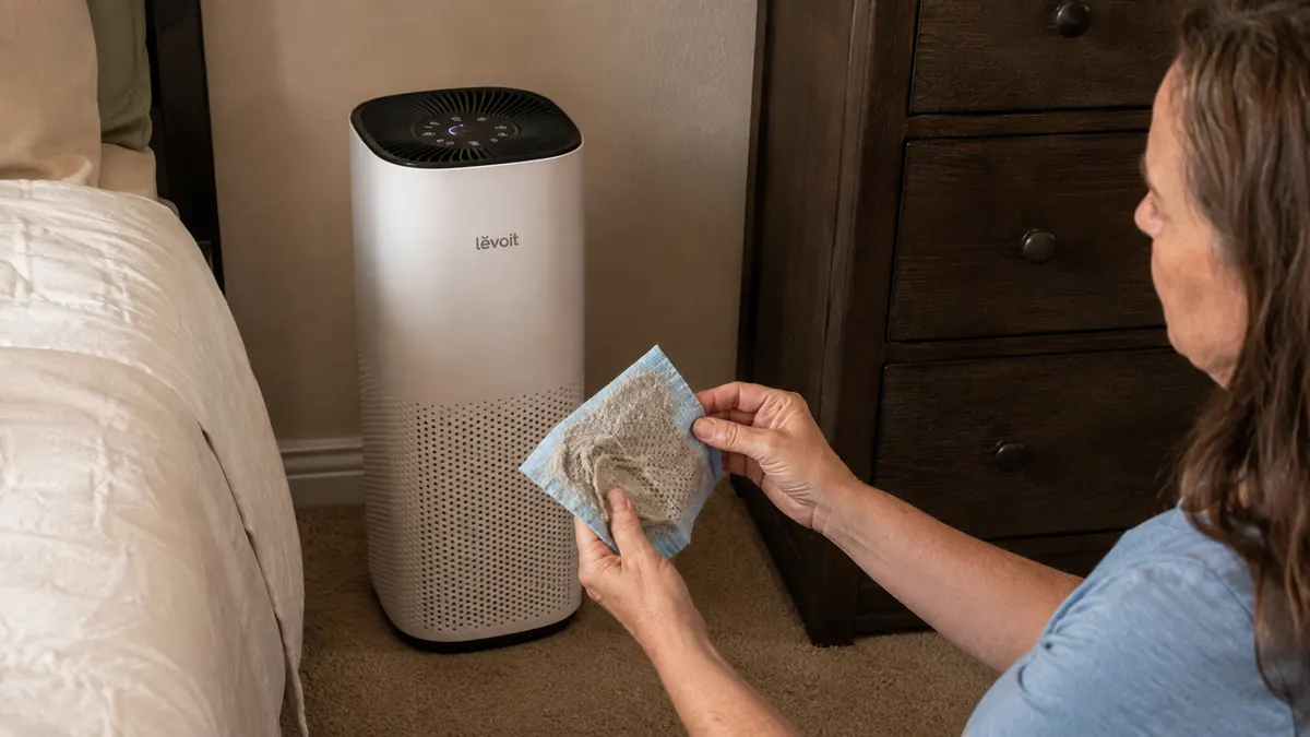 A hand wiping a thin layer of dust off a wooden dresser next to a running air purifier