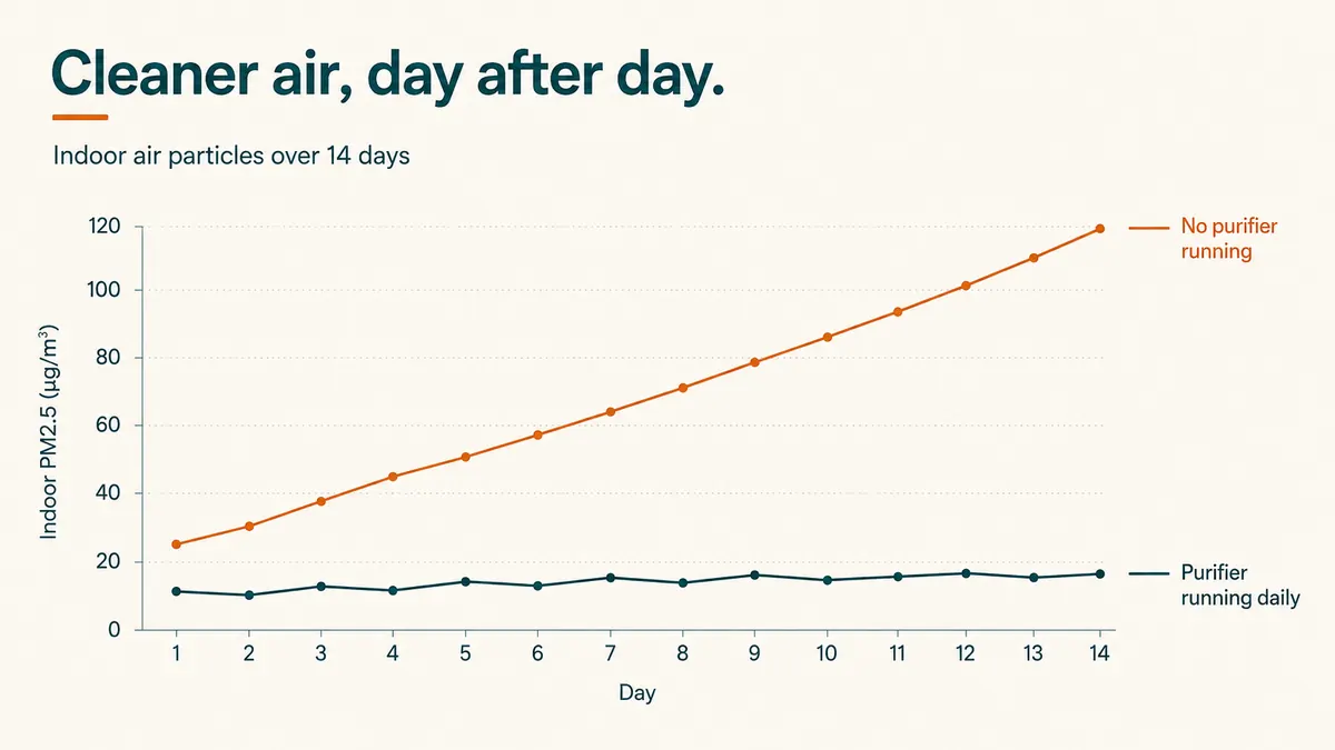 Simple chart showing dust and odor buildup in a room over two weeks, with and without a running air purifier