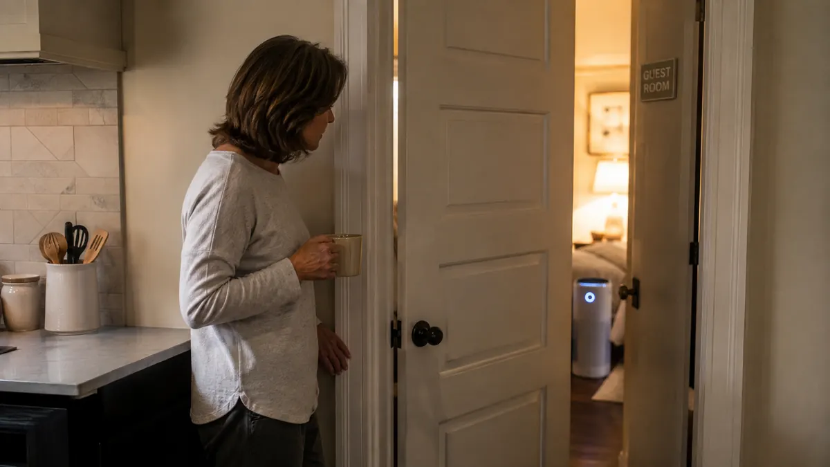A closed guest bedroom door slightly ajar with soft light spilling out, air purifier humming quietly inside