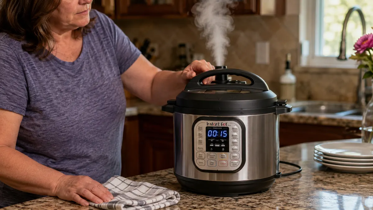 Steam releasing from the valve on top of the Instant Pot Duo lid while a timer counts down on the display.