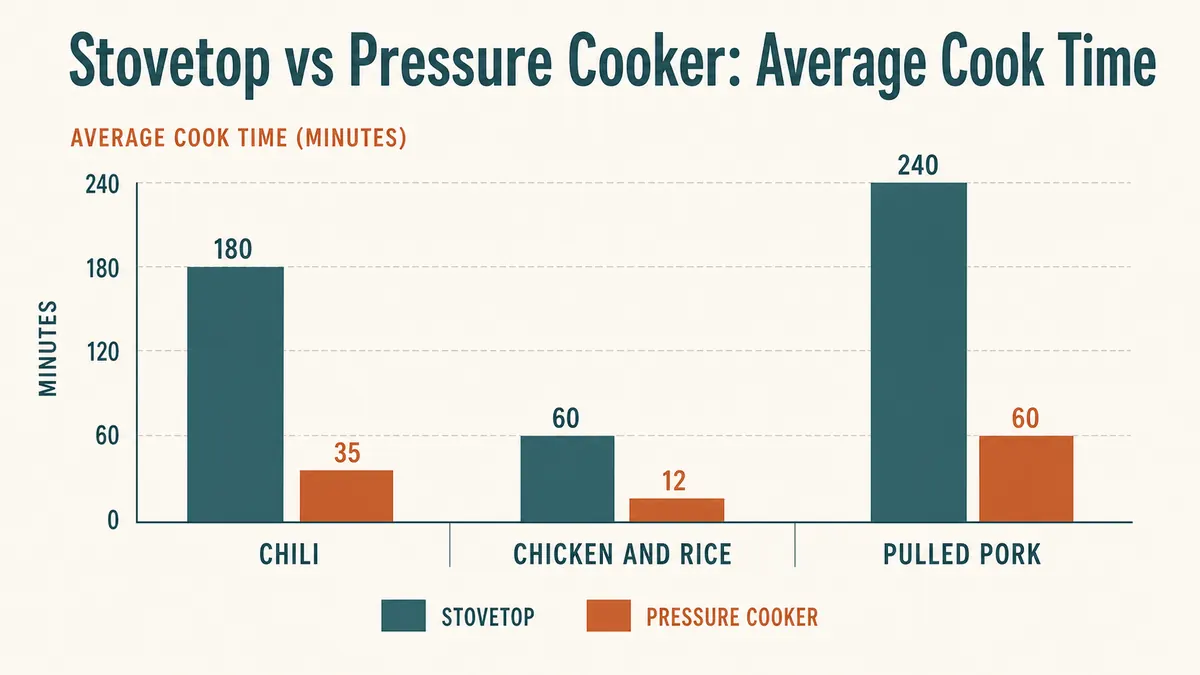 A simple chart comparing average cook time on the stovetop versus in a pressure cooker for common weeknight meals.