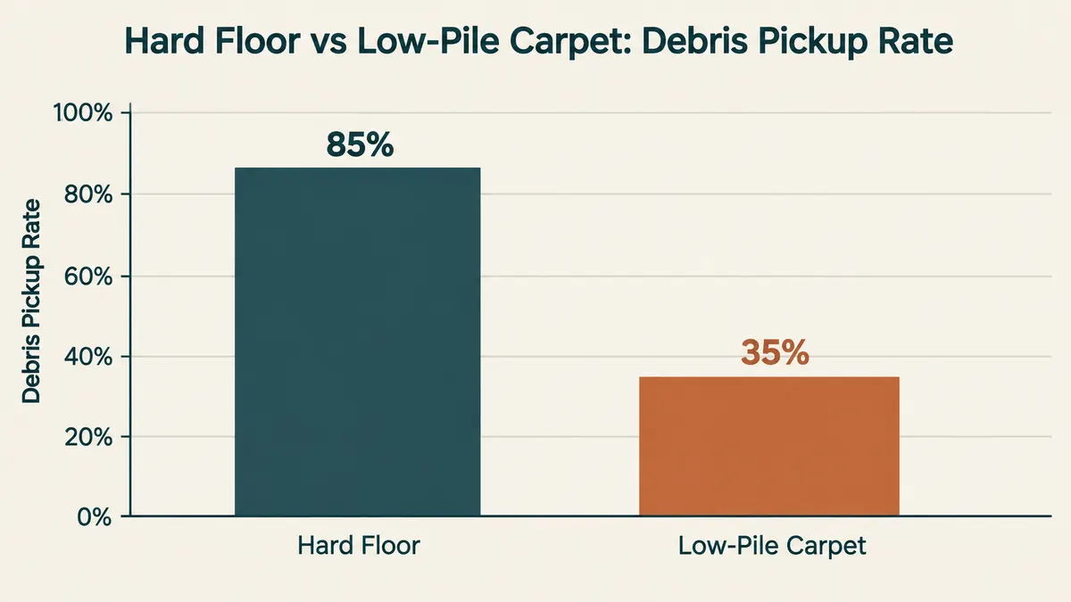 Simple bar chart comparing the Bissell Featherweight's cleanup effectiveness on hard floor versus low-pile carpet