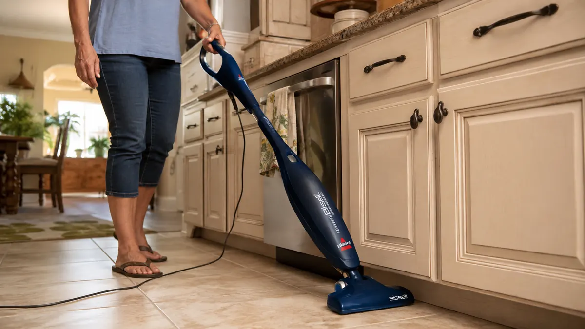 Hand gripping the Bissell Featherweight handle while running it along a tile kitchen floor near a cabinet edge