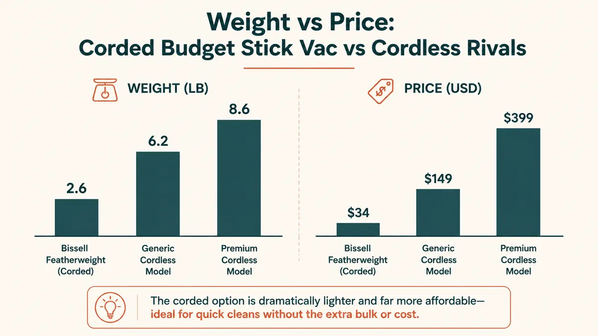 Simple bar chart comparing weight and price of the Bissell Featherweight against two cordless stick vacuum rivals