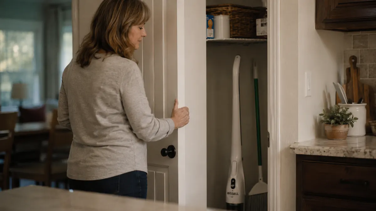 Bissell Featherweight vacuum stored upright in a narrow pantry closet next to a broom and mop