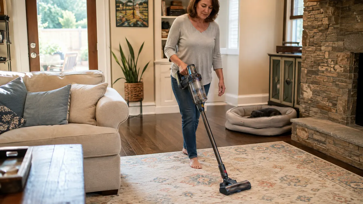 Shark cordless stick vacuum being used to clean pet hair off a living room rug