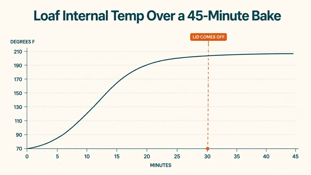 Chart showing internal bread temperature over a 45 minute bake, covered versus uncovered Dutch oven segments