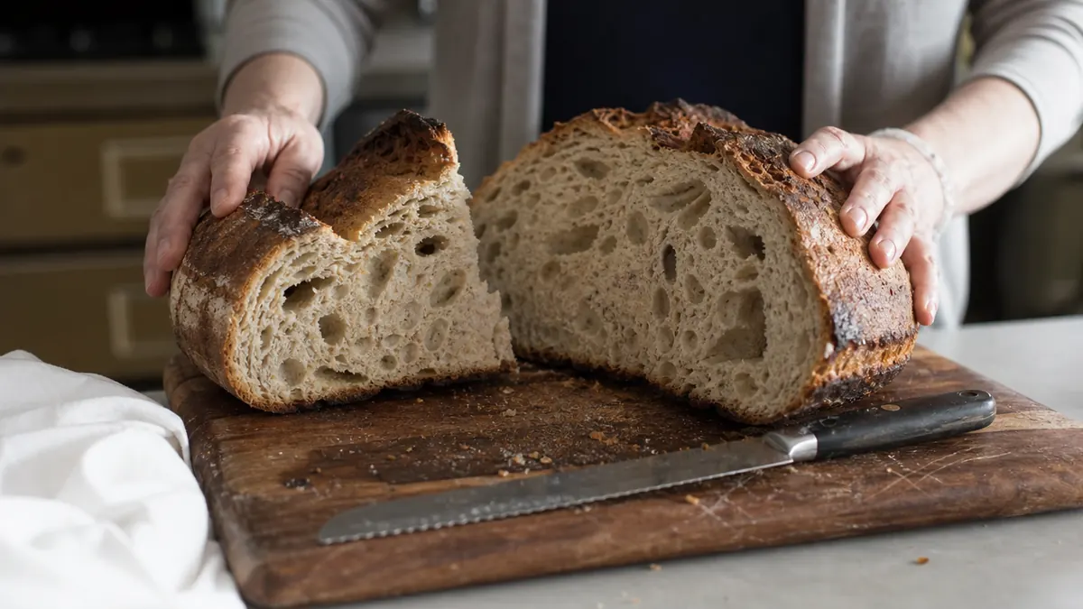 Cross section of a crusty round loaf showing an open irregular crumb structure and dark blistered crust