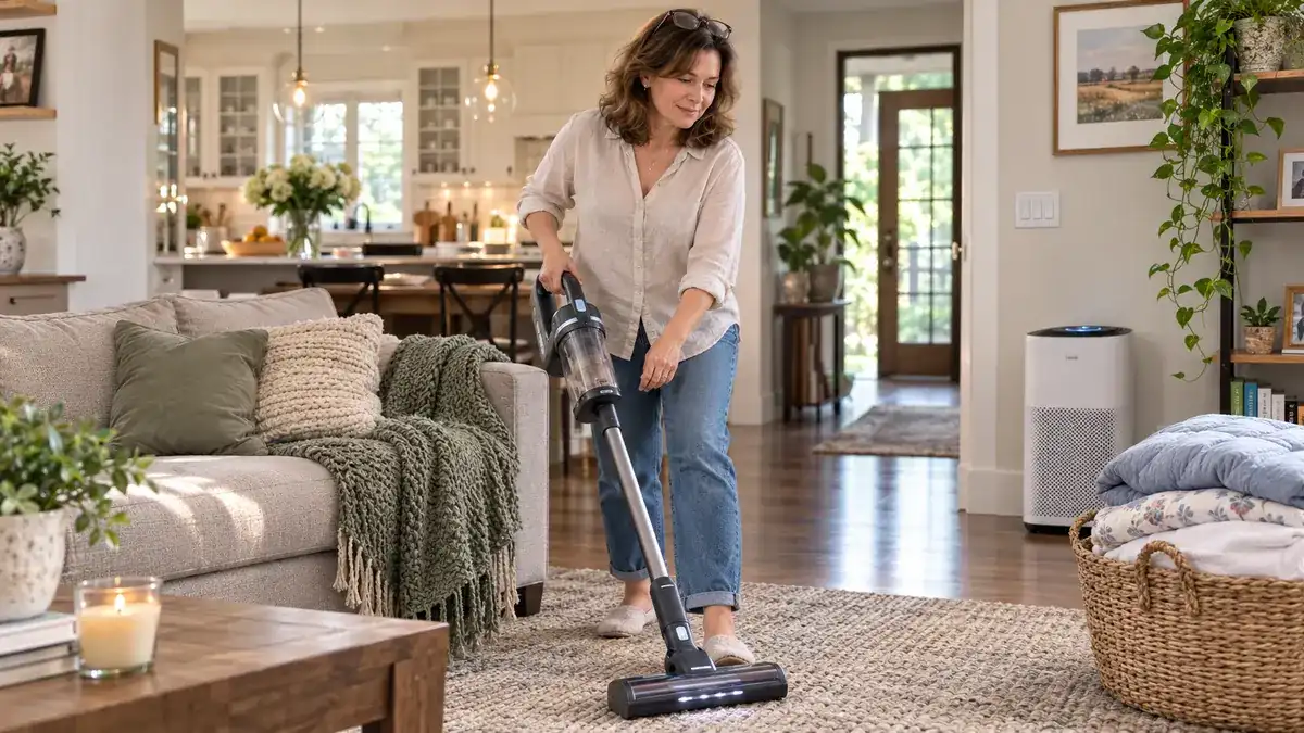 A person vacuuming a living room rug with a stick vacuum while an air purifier runs quietly in the background near a doorway