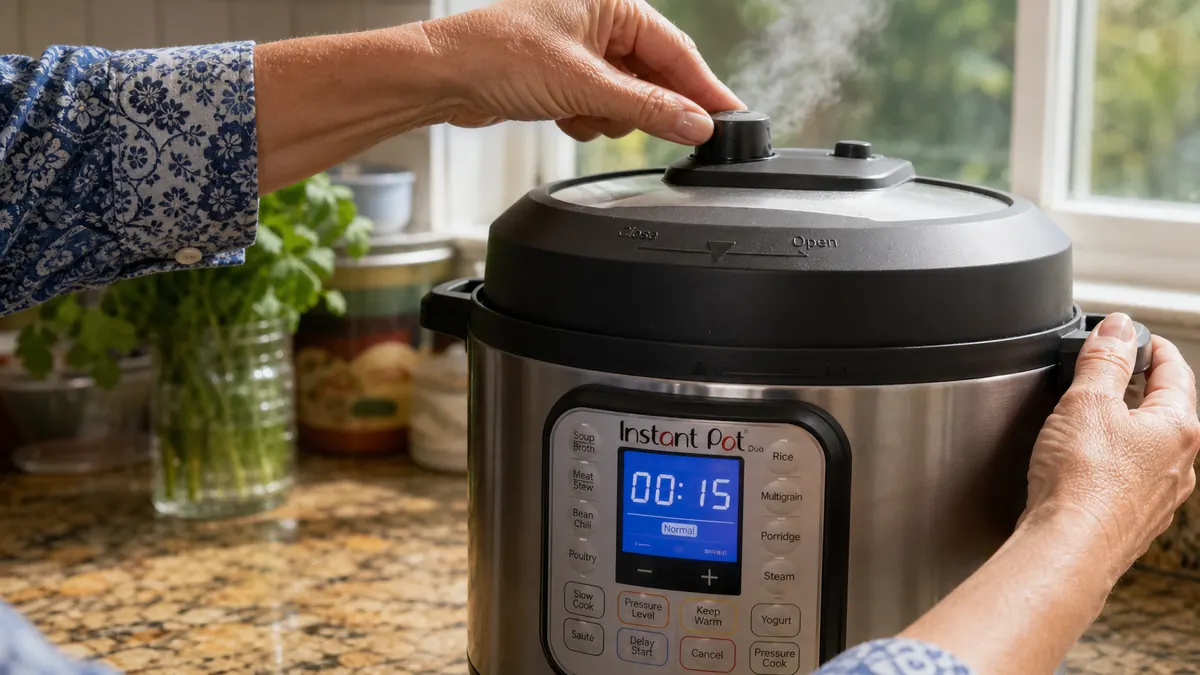 Hand pressing the quick release valve on a stainless steel electric pressure cooker with a small amount of steam visible