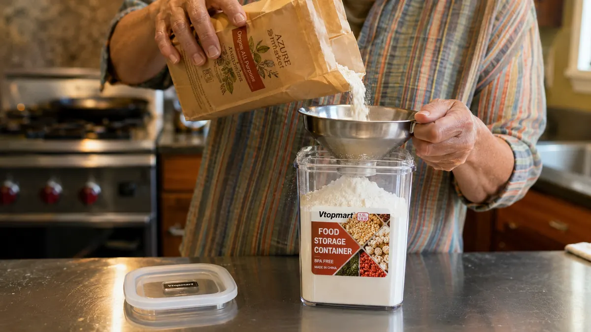 Hands pouring flour from its original bag into a clear Vtopmart airtight container over the kitchen counter