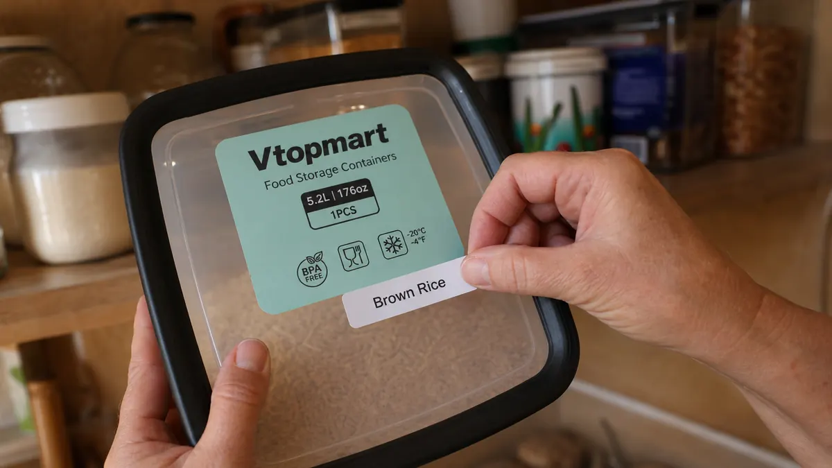 Close-up of a labeled container lid with a printed label maker strip reading the contents and date decanted