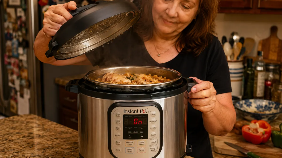 Hand lifting the lid off an Instant Pot Duo to check finished chicken and rice inside the stainless insert
