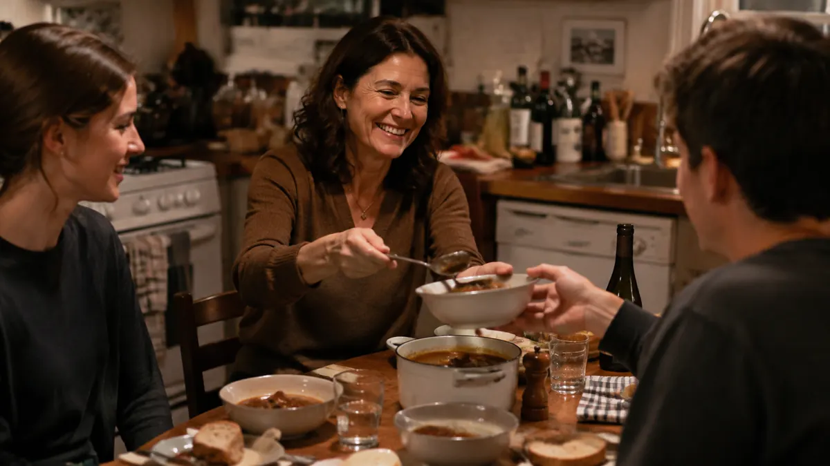 Family gathered around a small kitchen table on a weeknight, bowls of stew being passed around