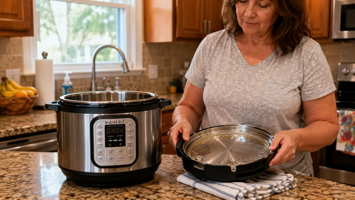 A hand setting the Instant Pot Duo's lid upside down on a folded dish towel next to the base while dinner cooks