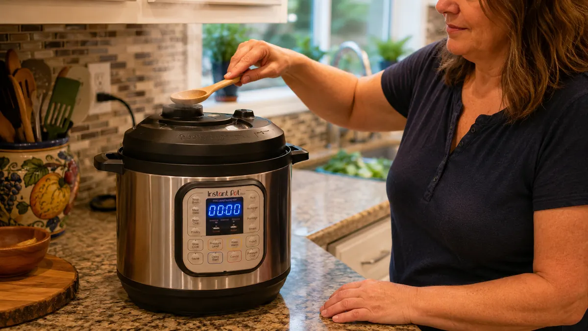 Hands releasing the steam valve on top of an Instant Pot Duo while dinner finishes cooking inside
