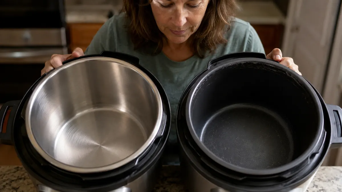 A stainless steel Instant Pot inner pot next to a nonstick Crock-Pot Express inner pot on a counter