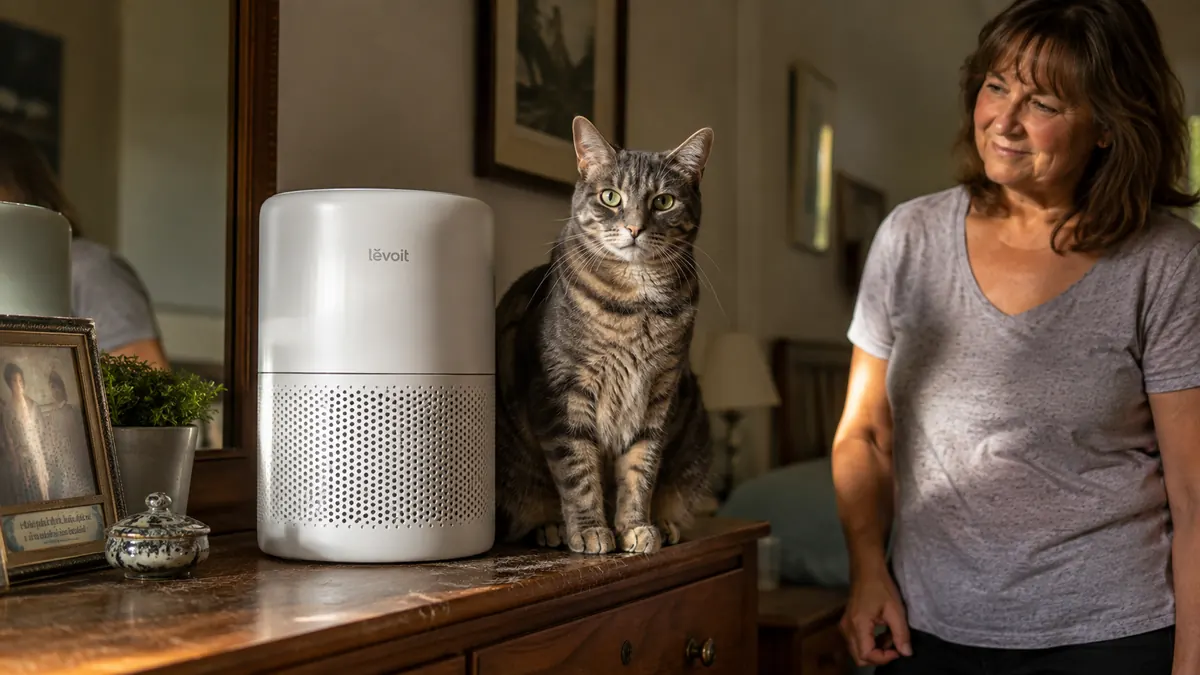 A gray tabby cat sitting on a bedroom dresser next to a running Levoit air purifier in the late afternoon