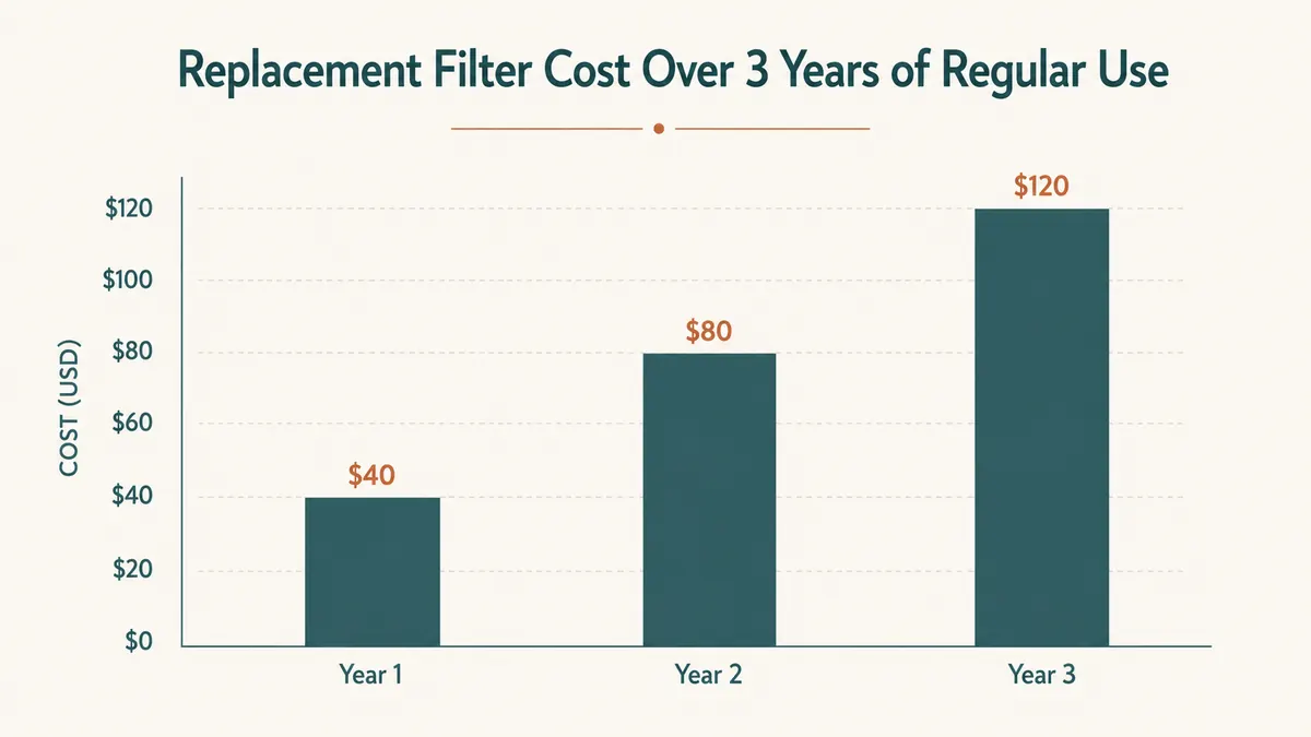 Bar chart showing estimated replacement filter cost building up over three years of regular use