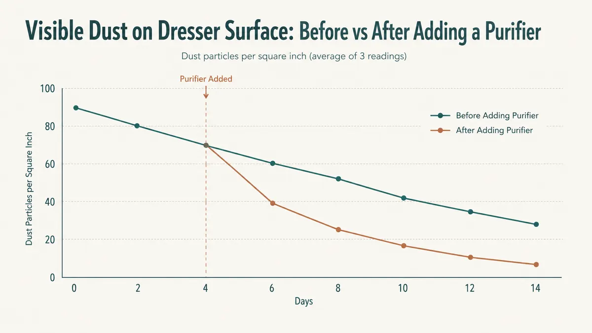 Simple line chart showing dust buildup on a dresser surface before and after adding an air purifier over several weeks