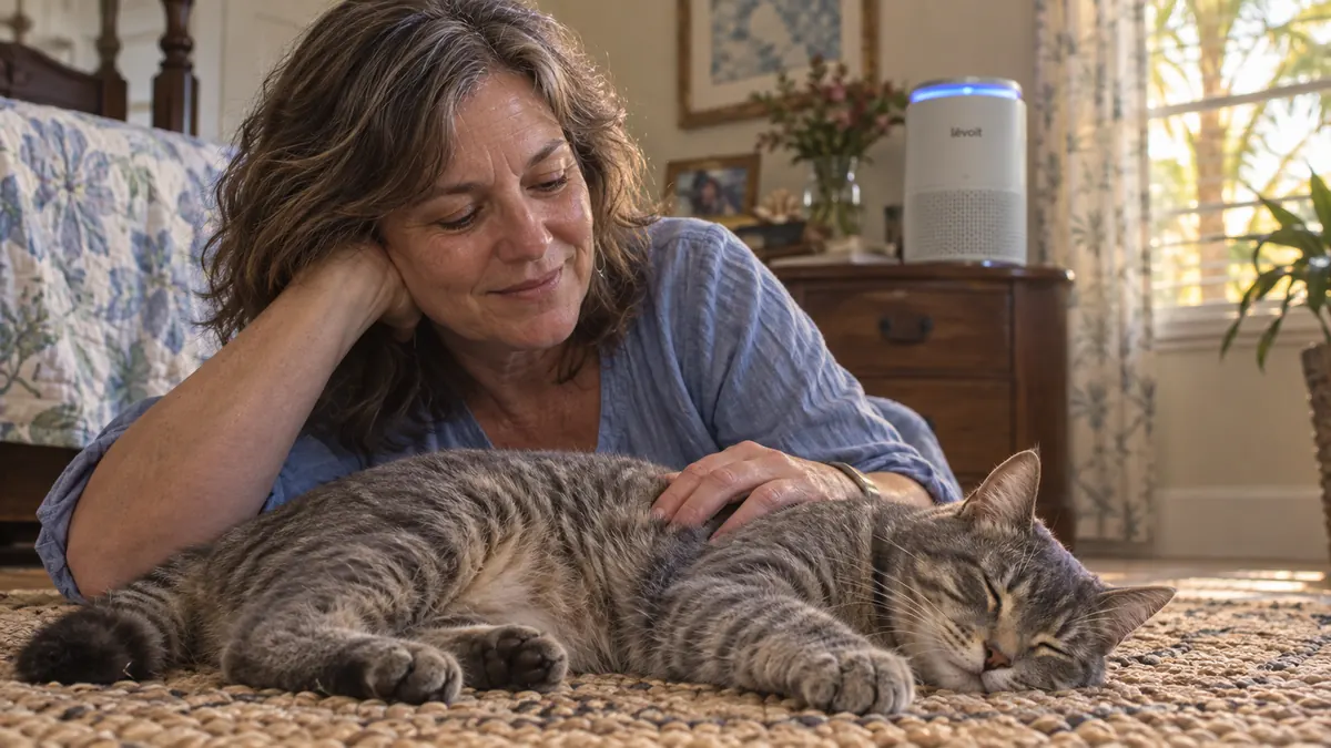 A gray tabby cat curled up asleep on a bedroom rug near a running air purifier