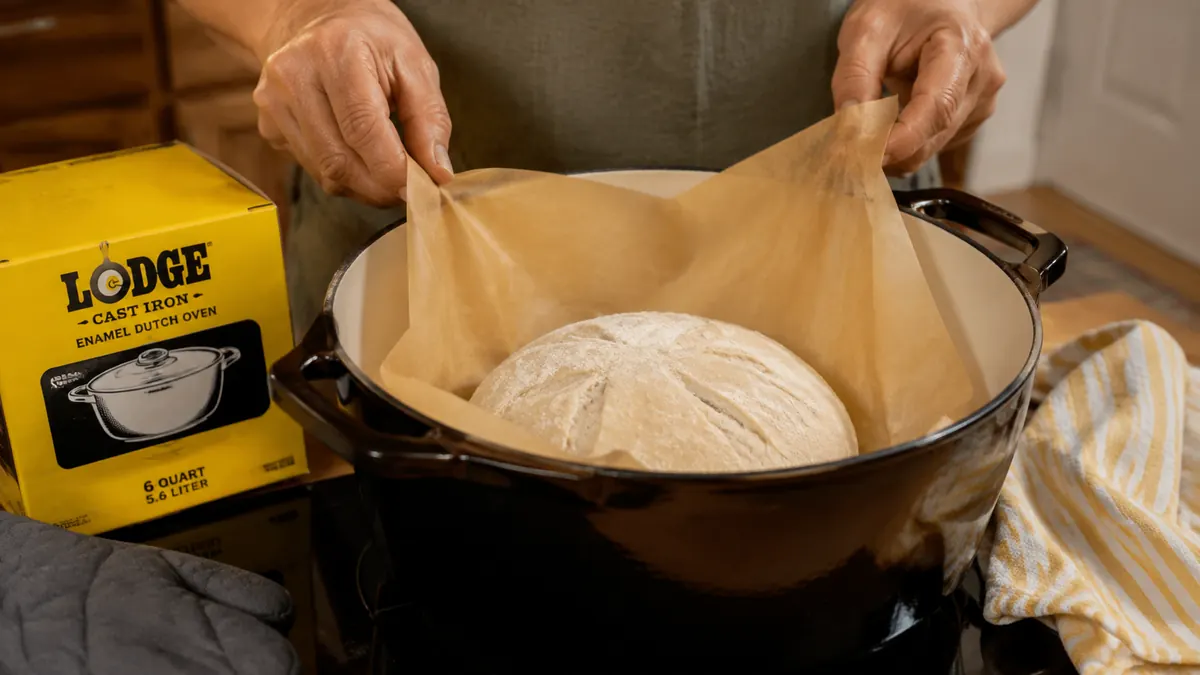 Hands lowering a ball of sourdough dough into a preheated enamel Dutch oven lined with parchment paper