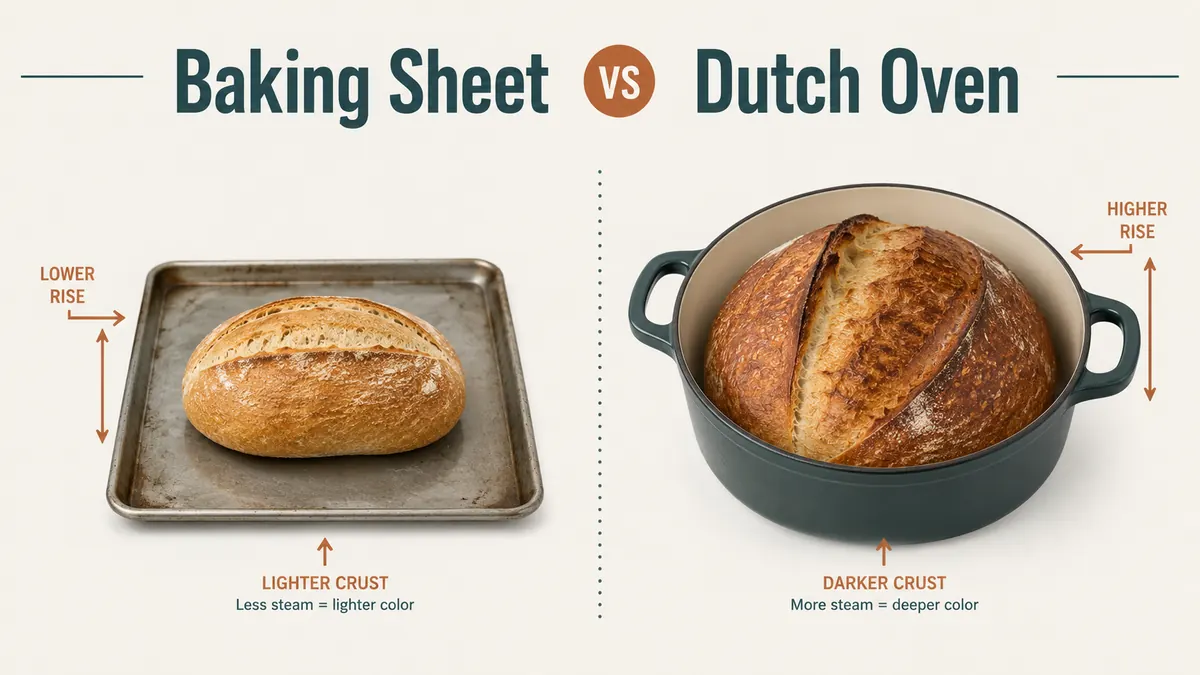 Split image comparing a flat pale loaf on a baking sheet against a tall crusty loaf baked in a Dutch oven