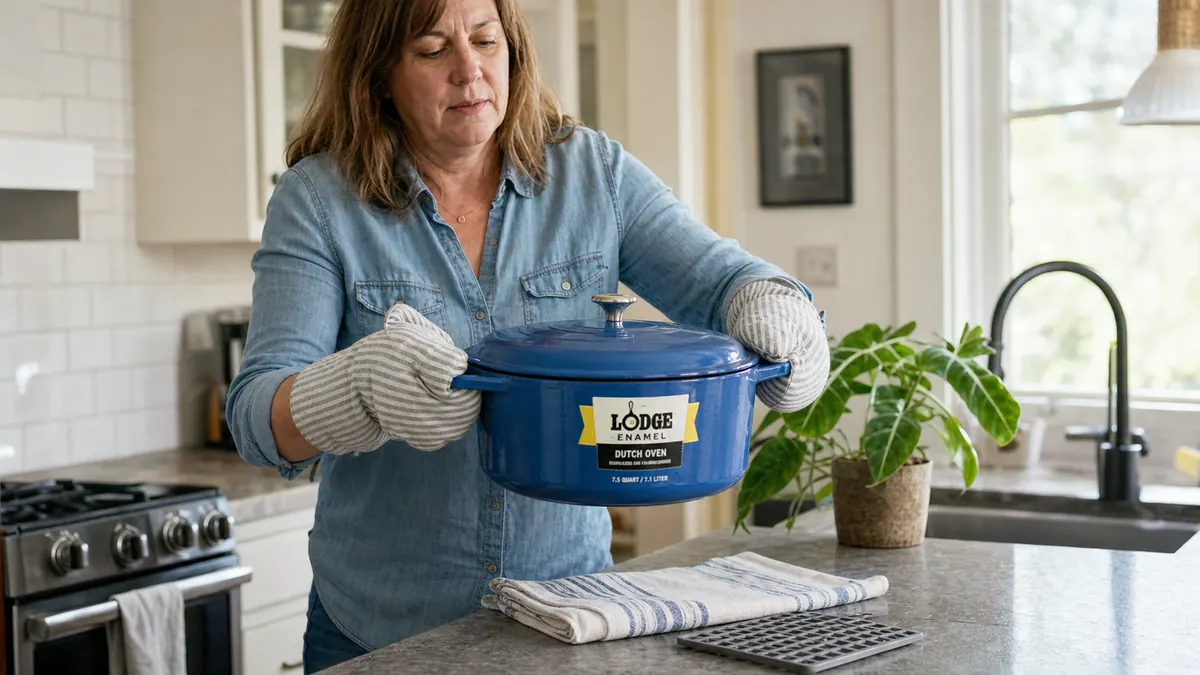 Two hands carefully carrying a full, heavy red Lodge Dutch oven from the stove toward a trivet on the counter