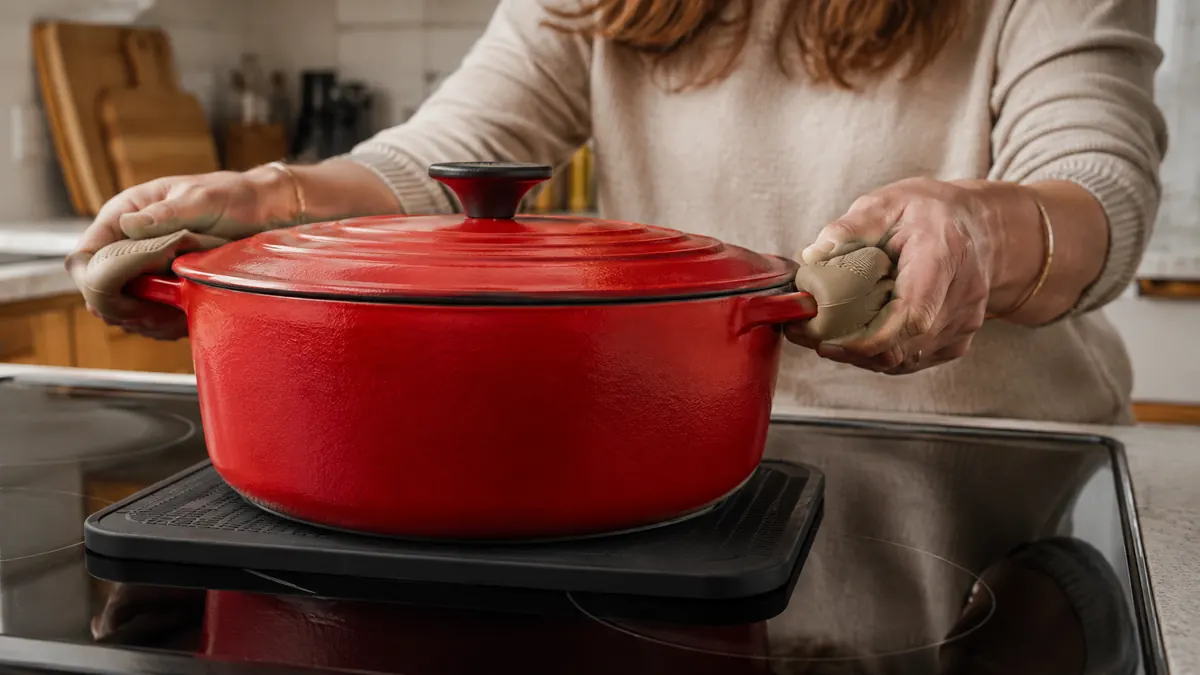 Close-up of a red Lodge Dutch oven resting on a silicone trivet on top of a glass cooktop