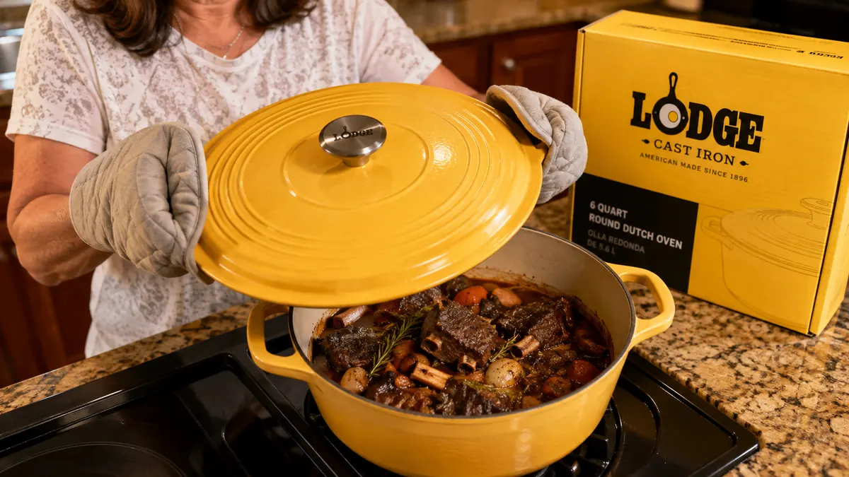 Hands lifting the lid off a red Lodge Dutch oven to check a braise, oven mitts visible