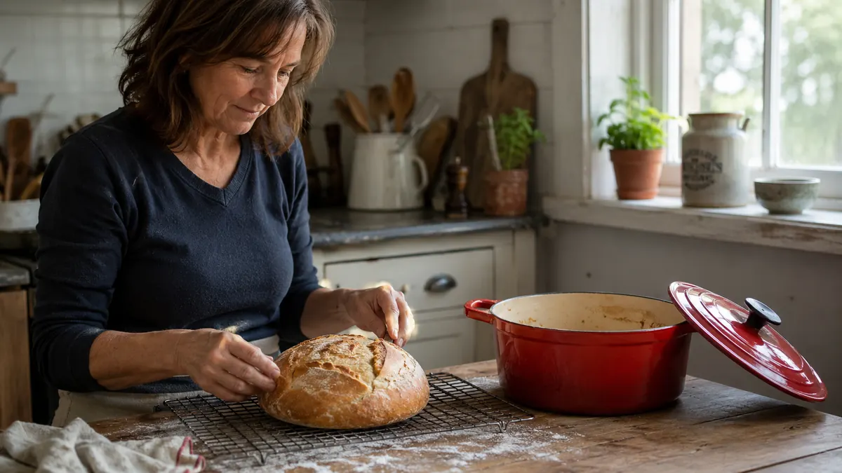 A loaf of crusty no-knead bread cooling next to the Lodge Dutch oven on a kitchen table