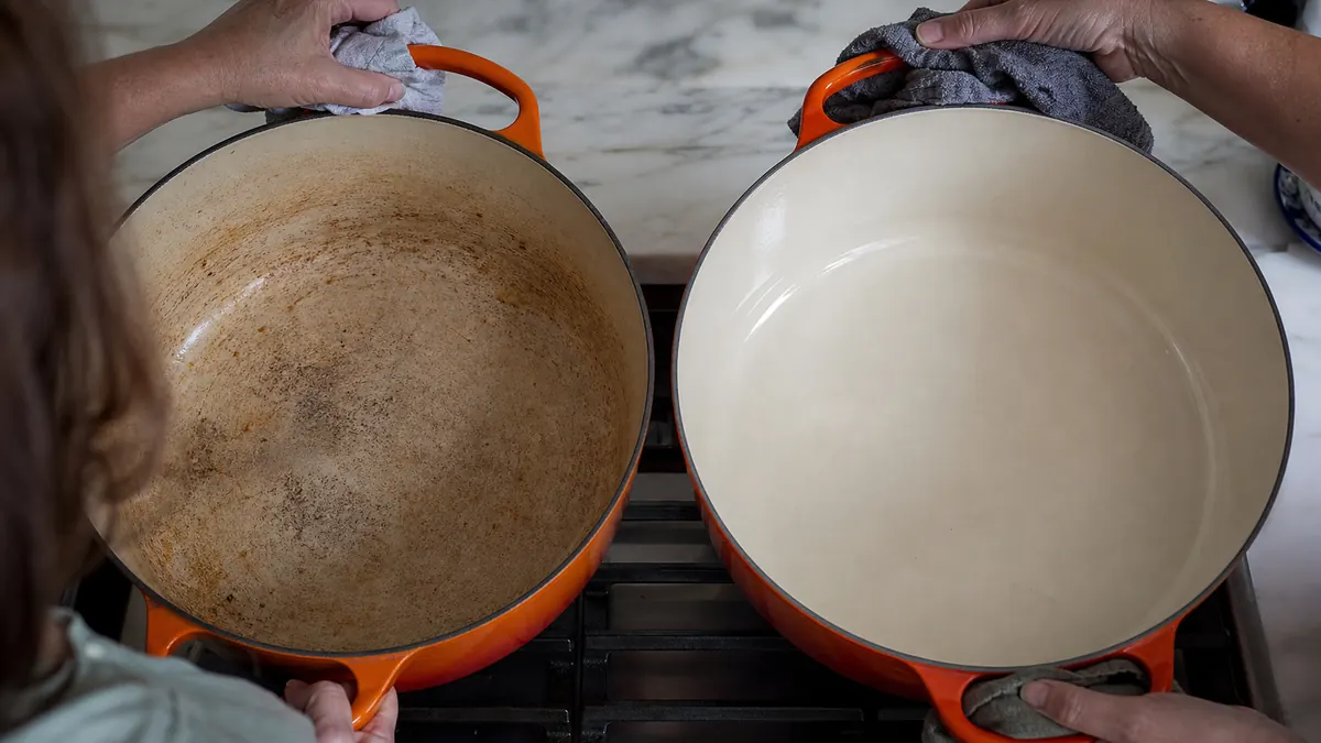 Split image comparing a well used Lodge Dutch oven interior to a pristine Le Creuset Dutch oven interior