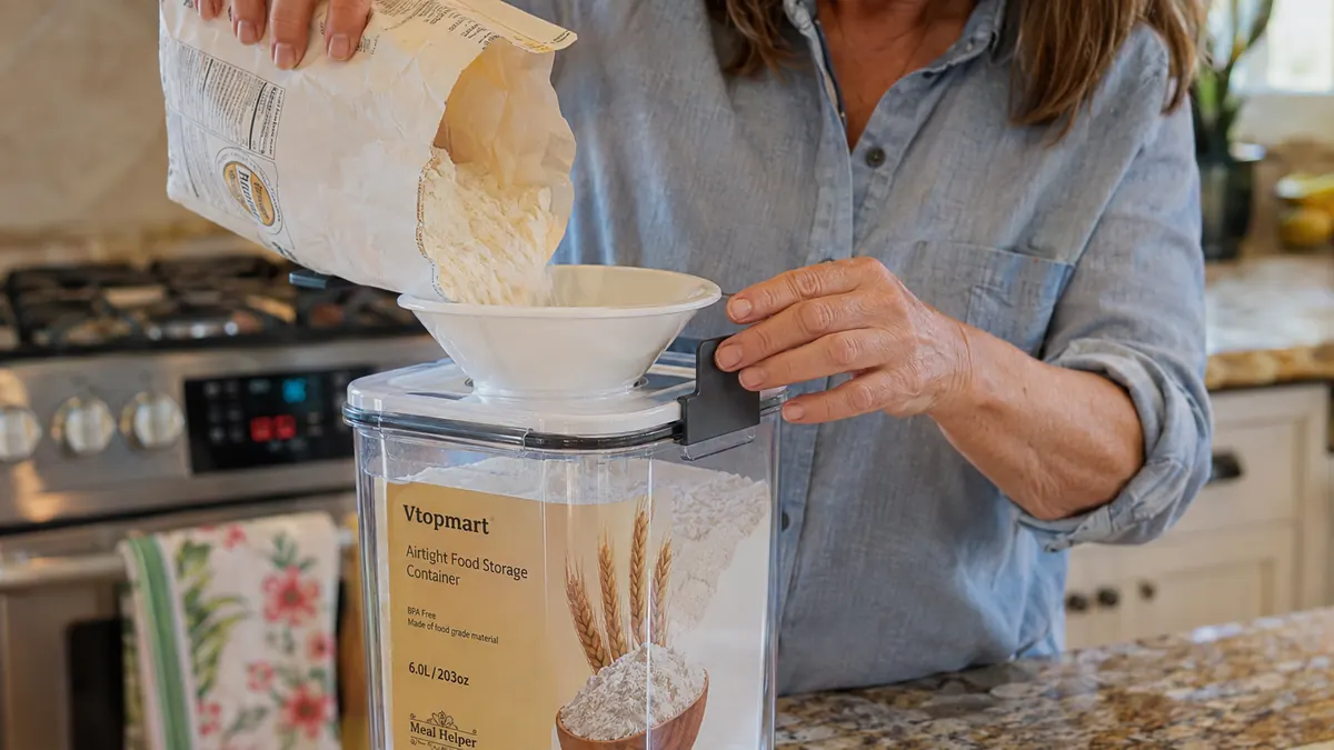 Hands pouring flour through a funnel into a clear airtight container with four locking clips visible on the lid