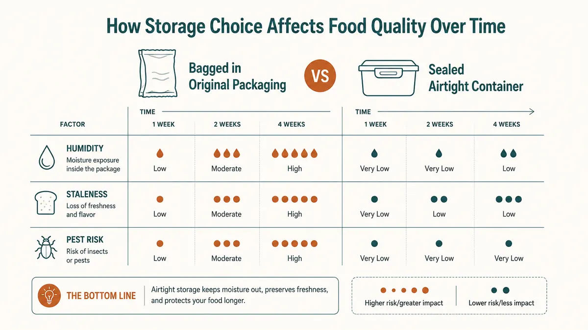 Side by side comparison graphic labeled Bagged Pantry versus Sealed Container showing spoilage and pest risk over time