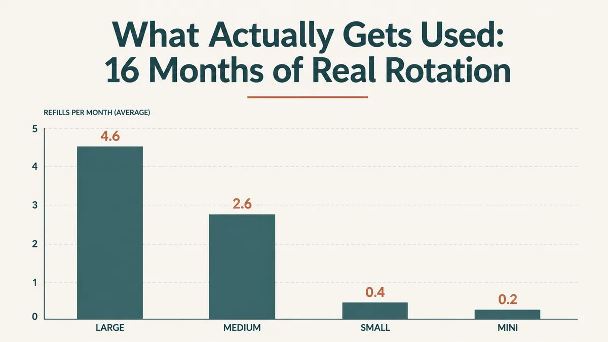 Bar chart showing which Vtopmart container sizes get used weekly versus which sizes sit empty in a real pantry