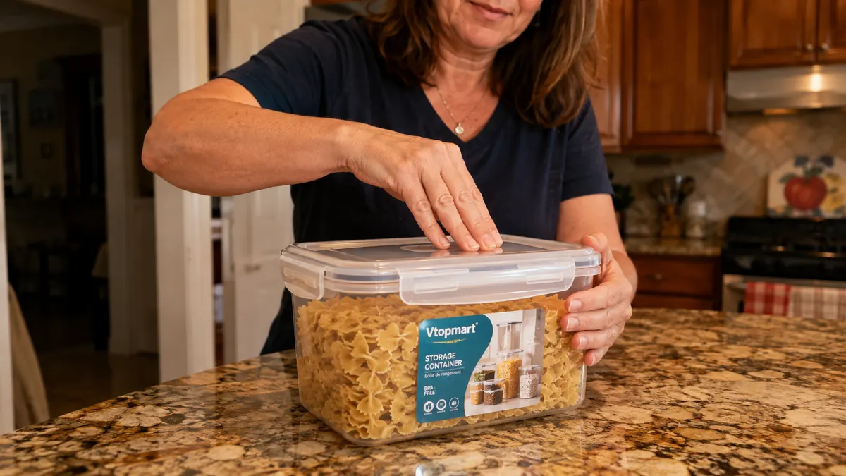 A hand pressing down the latch on a Vtopmart airtight container lid to seal a bag of pasta inside