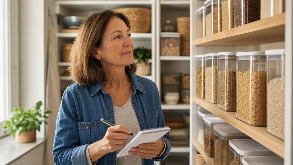 A stocked pantry shelf with matching labeled airtight containers next to a woman writing a grocery list