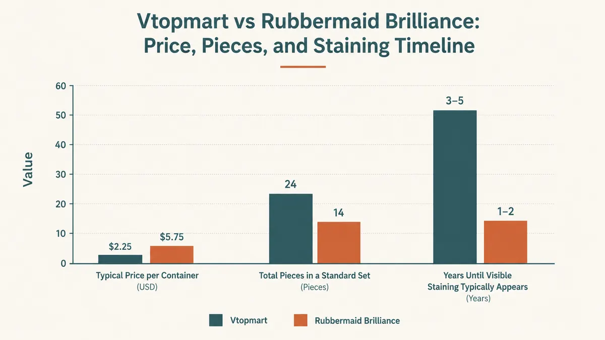 Chart comparing Vtopmart and Rubbermaid Brilliance on price per container, piece count, and years until visible staining