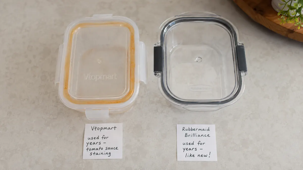 Side by side comparison of a stained Vtopmart container lid and a clear Rubbermaid Brilliance container after years of use